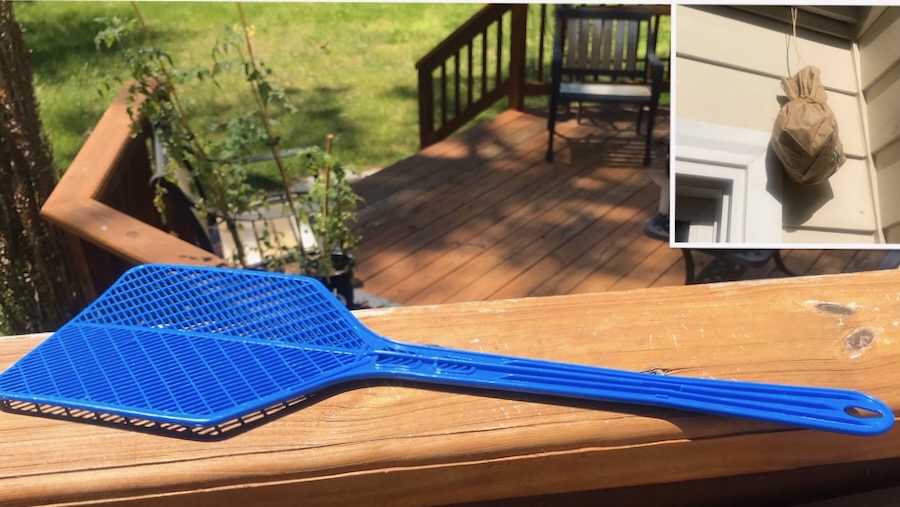 Mom Versus Wasp fly swatter on deck with crumpled brown paper bag