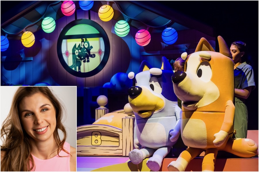 Stephanie Stephens Brings Bluey to Life Onstage! Bluey and puppeteers with inset of actor Stephanie Stephens