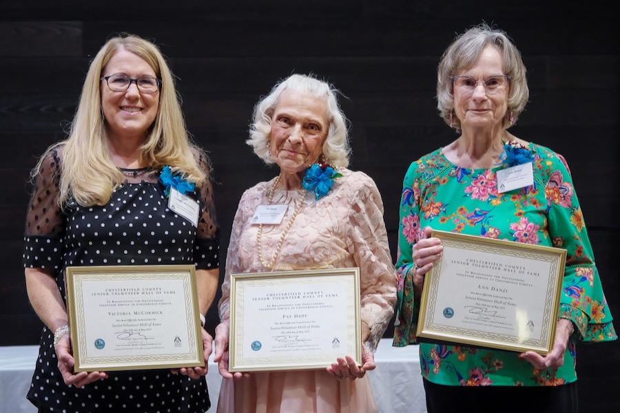 Chesterfield Women Inducted Into Senior Volunteer Hall of Fame Chesterfield County Senior Volunteer Hall of Fame ceremony and celebration at the CTC@Hull Thurs. May 30, 2024. L-R, Victoria McCormick, Pat Hupp and Ann Danzi were Inducted into the Senior Volunteer Hall of Fame.