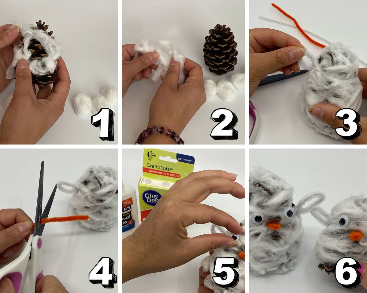 Step by step photo instructions to make snowy pinecone owls
