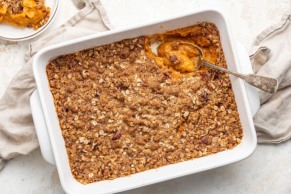 Perfect Party Pairings Eating Bird Food's Healthy Sweet Potato Casserole as featured in Richmond Family Magazine's November/December 2025 issue