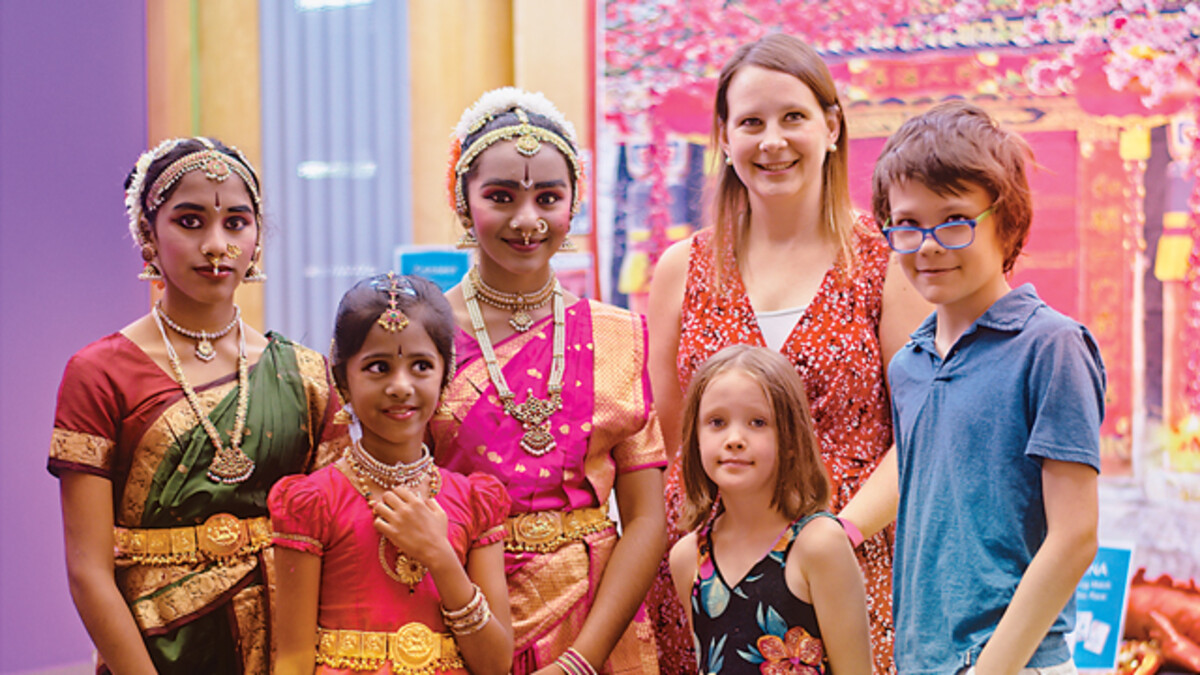 Raising Global Citizens Family with Indian dancers at Children's Museum cultural event