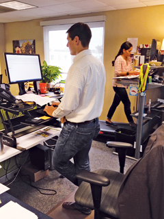 At the Sports Backers office, employees work at and walk on
treadmill desks and also use adjustable sit-to-stand workstations.