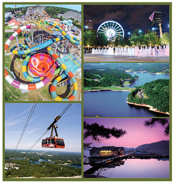 Clockwise from top left, Six Flags Over Georgia, SkyView Atlanta and Centennial Olympic Park, Lake Lanier, and Stone Mountain Theme Park – the most visited family attraction in Georgia.
