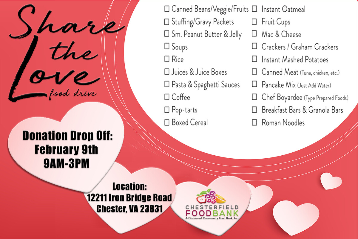 “Share the Love” Food Drive Slated for Tuesday, February 9